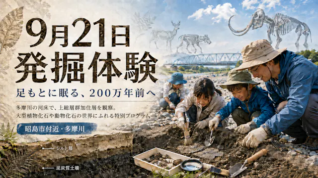 【東京都昭島市】足もとに眠る200万年前へ！多摩川で本物の地層＆植物・昆虫化石を探す発掘体験